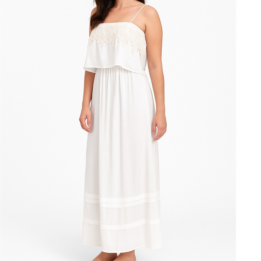 Gibi Latimer Womens Dress‎  S White adjustable Spaghetti Strap Tiered Lace Maxi
